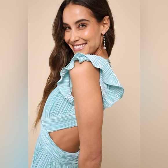 LULU’S Captivating Delight Teal Blue Plisse Satin Lace-Up Mini Dress - Picture 2 of 7